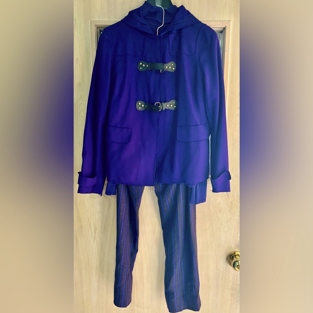 Carlisle size 6 unlined purple hooded jacket, small turtleneck, pinstripe pants